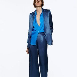 NWT | Zara Wrinkle Satin Effect Blazer Blue XS